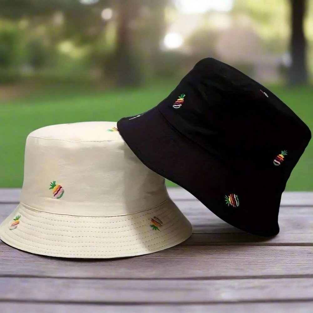 Everlynn Pineapple Embroidered Reversible Bucket Hat Tan Black Gift Packaged - Picture 4 of 9